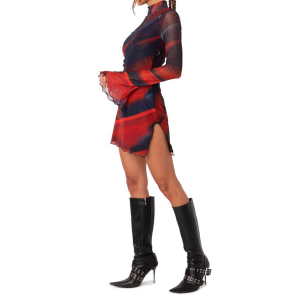 EDIKTED Sparks Fly Mesh Minidress Small Red Mock Neck Abstract NWOT - Picture 3 of 9